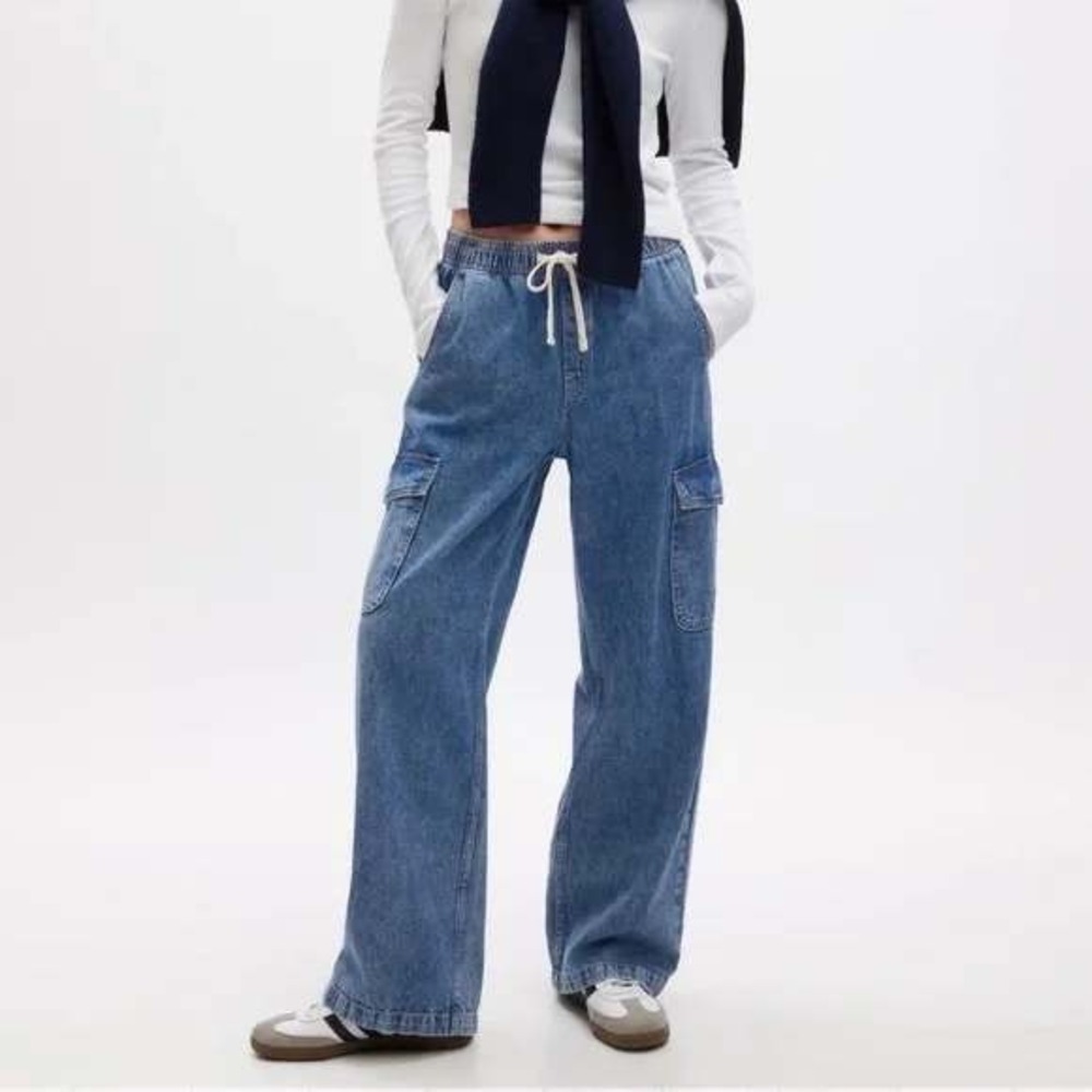 GAP Cargo Denim High Rise Pull On Wide Leg Jeans